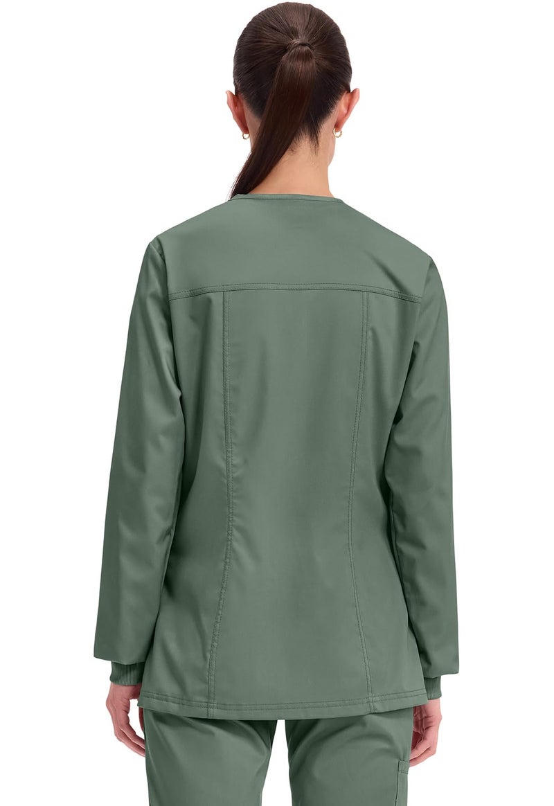 Cherokee Womens Scrub Jacket Nurse Snap Front Medical Uniform with Pockets, 2-Way Stretch, Easy Care Soft Fabric - WW310, XL, Olive - Image 4
